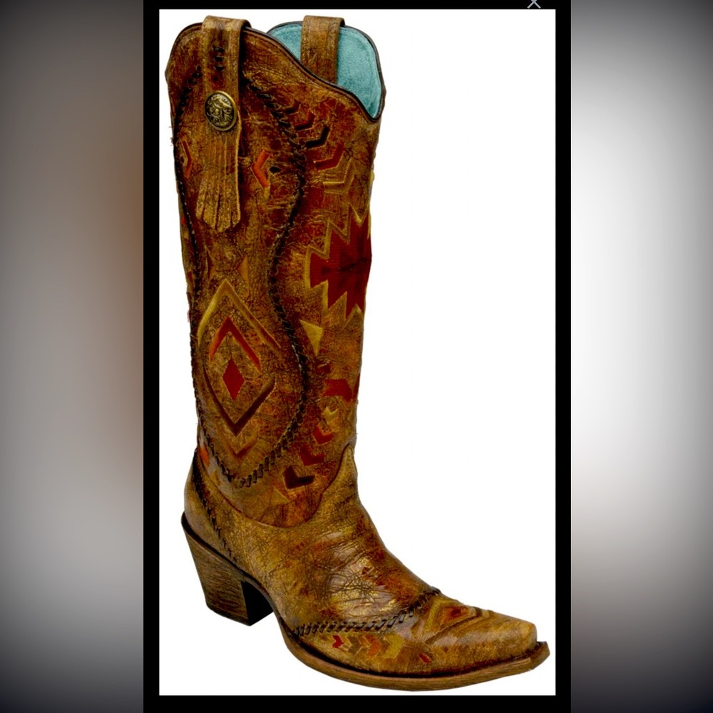 CORRAL WOMEN’S HANDMADE BOOTS COGNAC MULTI COLORED ETHNIC EMBROIDERED
